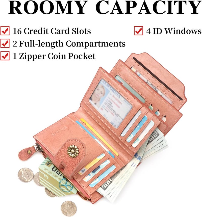 Blucoay Wallet Women,RFID Blocking Leather Womens Wallet Bifold Compact Card Holder Small Wallet for Women with Removable ID Window Pink - Image 3
